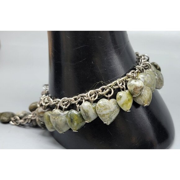Jadeite Heart Dangling Charm Bracelet Silver Tone Oval Link Chain Adjustable 8" - Picture 13 of 13